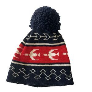 Vintage Smiley Pure Wool Nordic Ski Snow Hat Beanie Navy Pom Pom USA Sparks NV